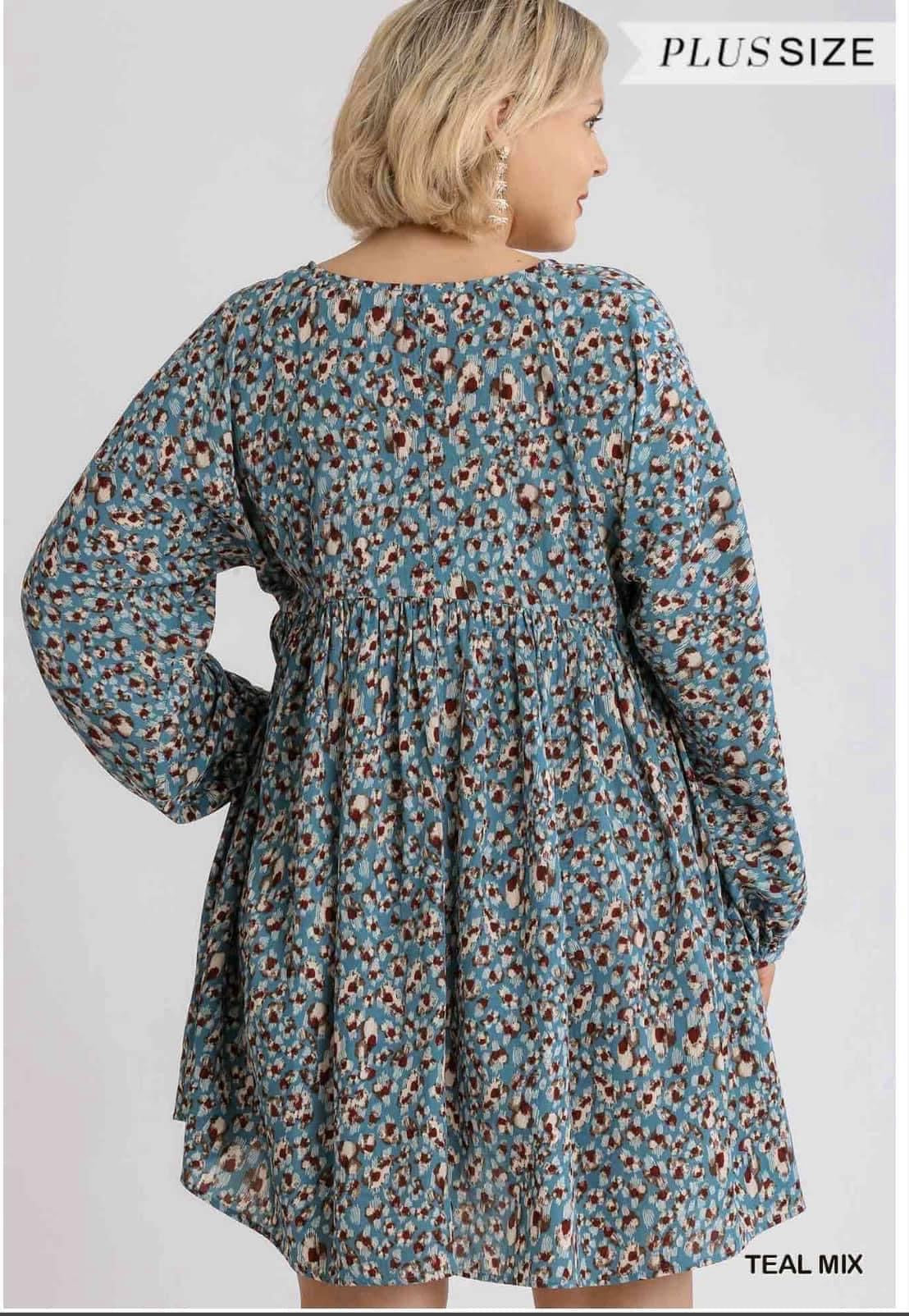 Teal Puff Sleeve Babydoll Dress