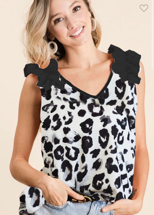 Sleeveless Ruffle Leopard Top