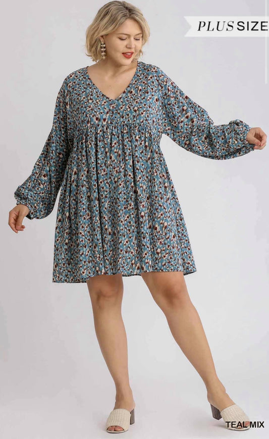 Teal Puff Sleeve Babydoll Dress